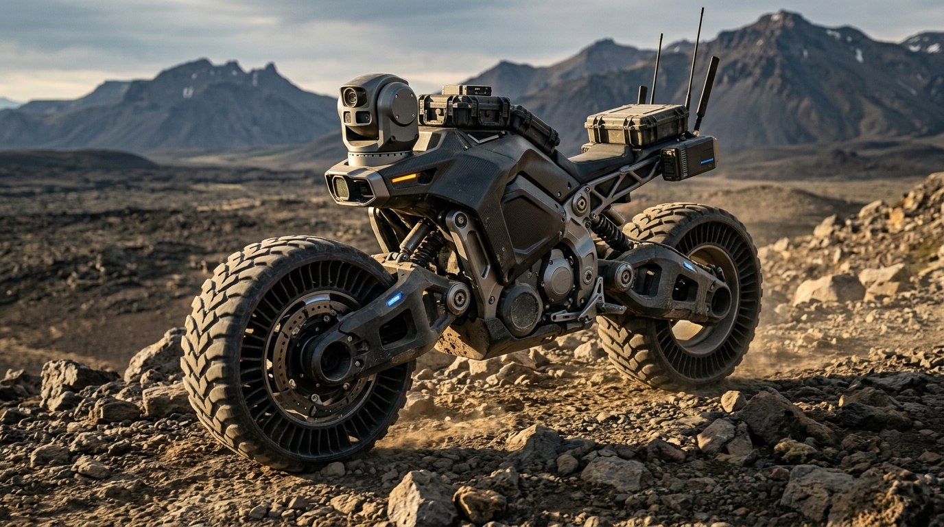 Speculative autonomous electric adventure motorcycle concept